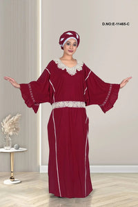 Kaftan with White Embroidered Yoke and Belt - غاجي والا إكسبورت Gajiwala Export