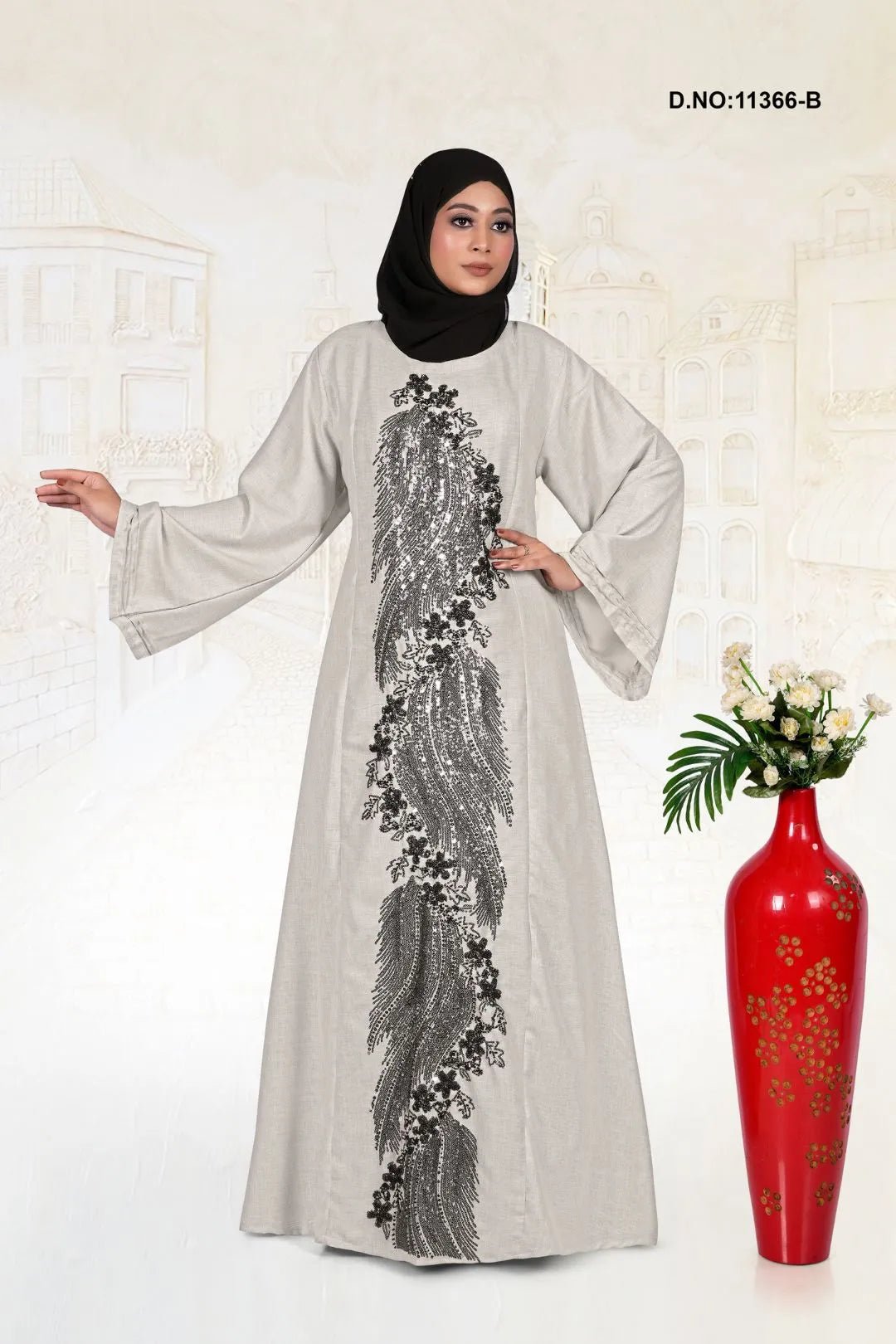 Linen Abaya with Elegant Embroidered Panel Design - غاجي والا إكسبورت Gajiwala Export