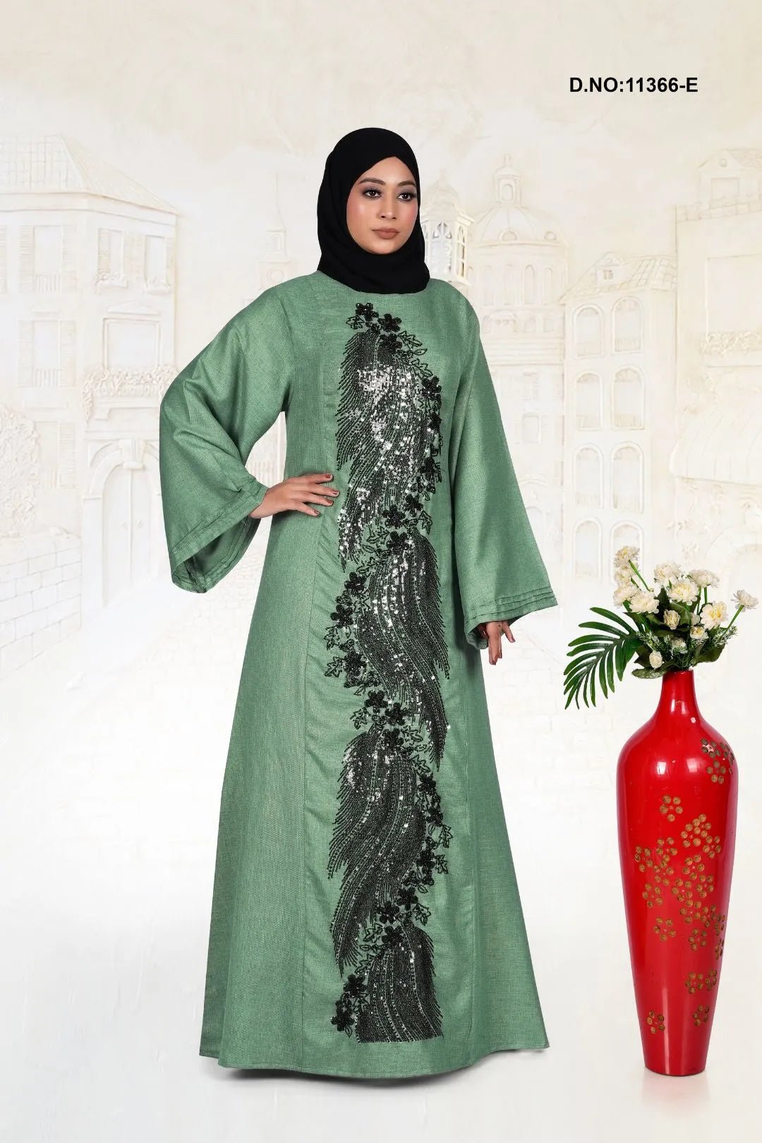 Linen Abaya with Elegant Embroidered Panel Design - غاجي والا إكسبورت Gajiwala Export
