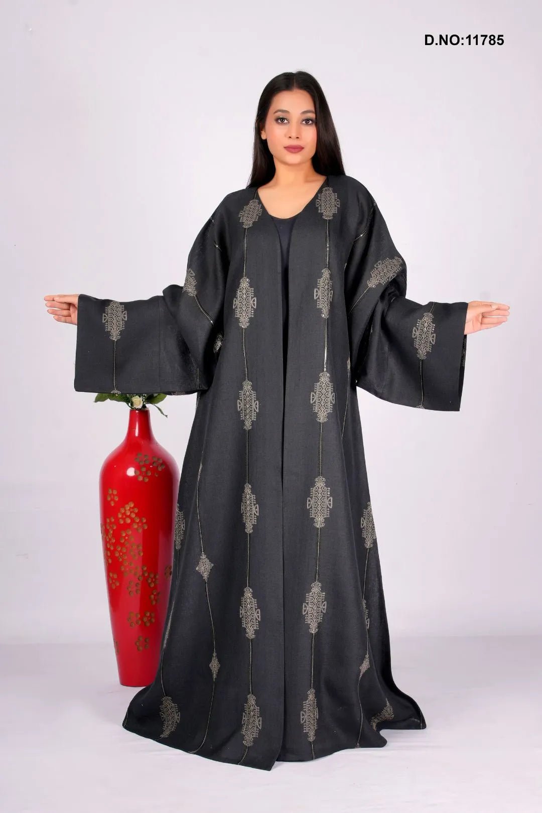 Linen Embroidery Shrug in Black Elegance with Golden Lines - غاجي والا إكسبورت Gajiwala Export