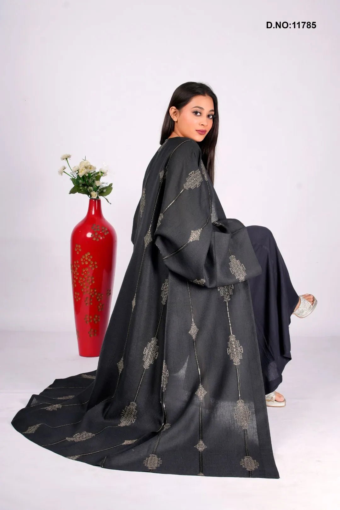 Linen Embroidery Shrug in Black Elegance with Golden Lines - غاجي والا إكسبورت Gajiwala Export