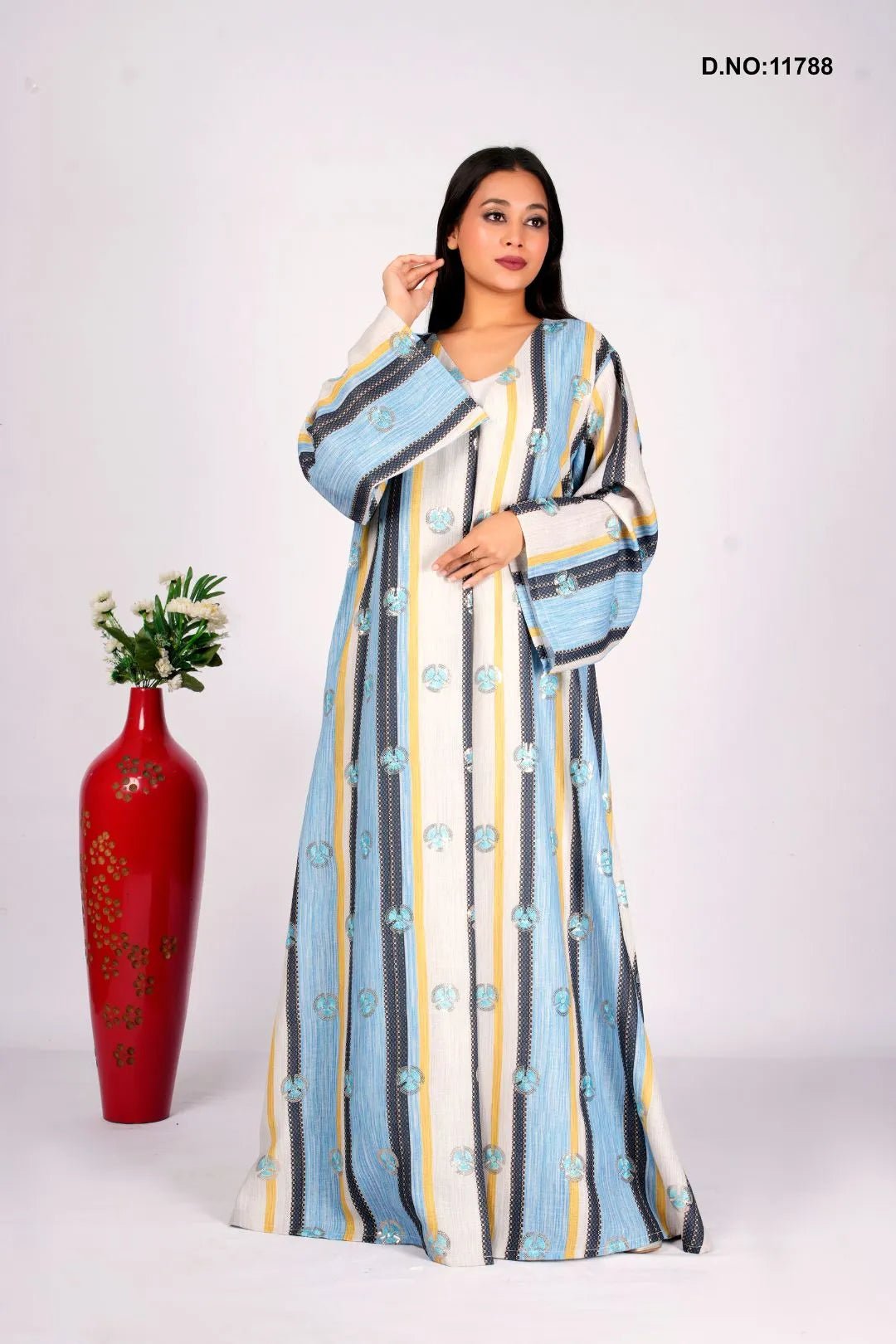 Linen Shrug in Printed Stripes with Embroidered Florals - غاجي والا إكسبورت Gajiwala Export