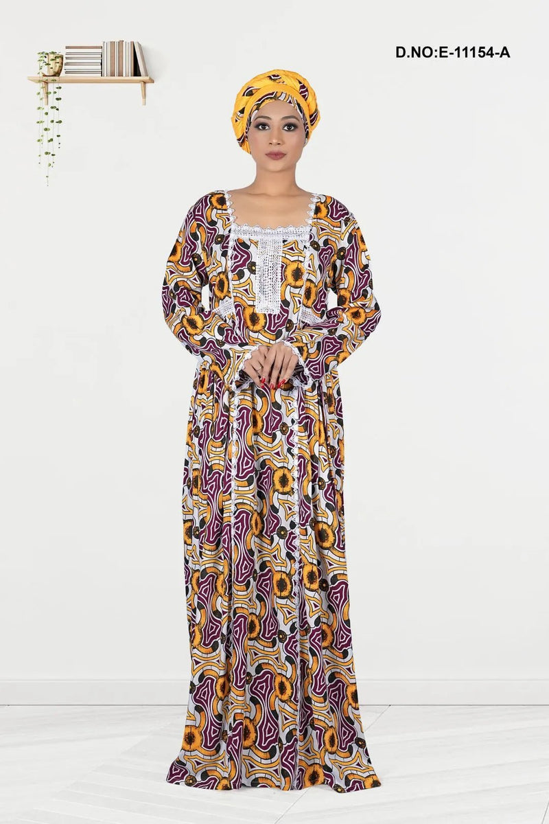 Long Kaftan with Bold Floral Print and Lace Yoke - غاجي والا إكسبورت Gajiwala Export