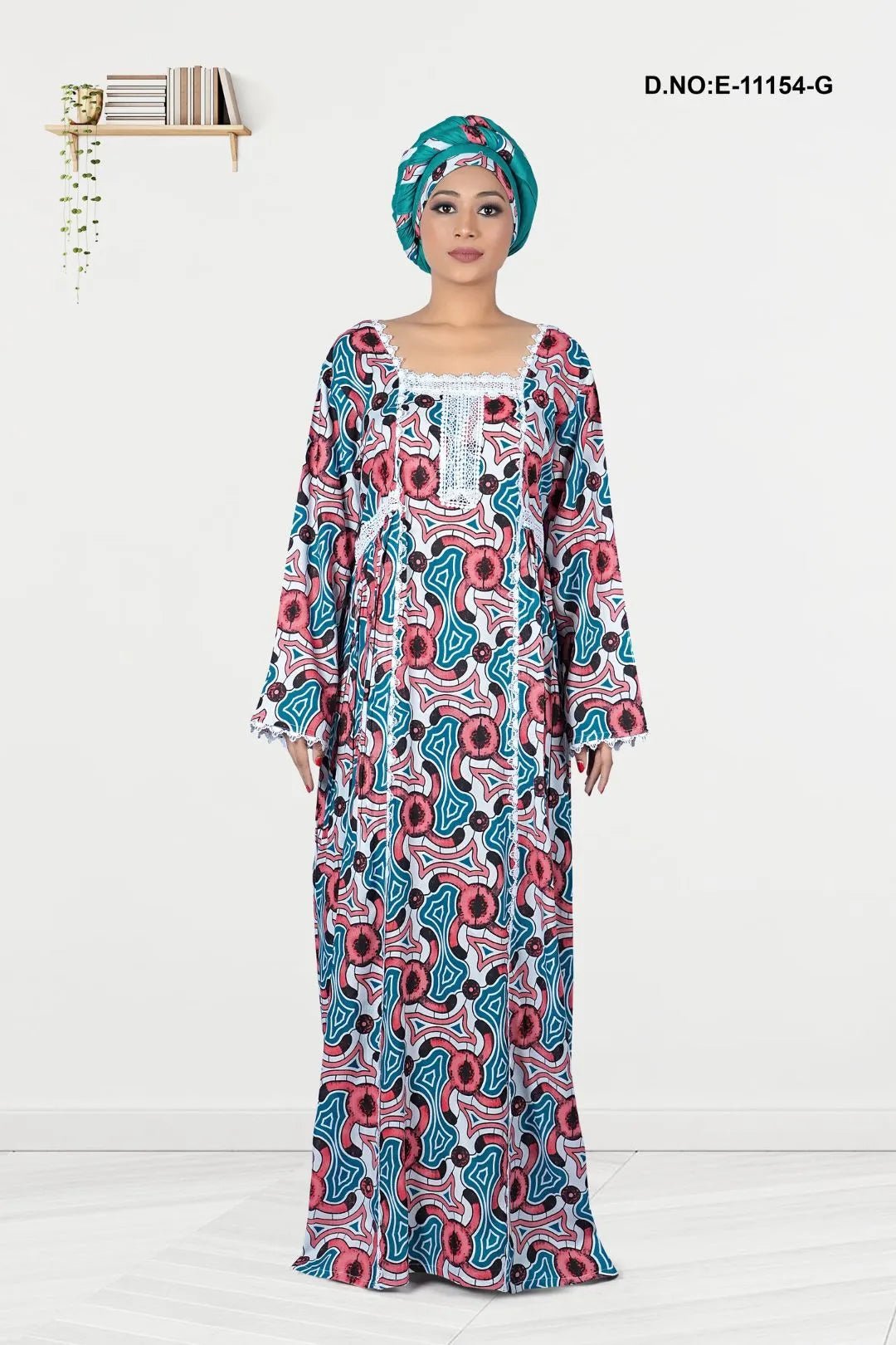 Long Kaftan with Bold Floral Print and Lace Yoke - غاجي والا إكسبورت Gajiwala Export