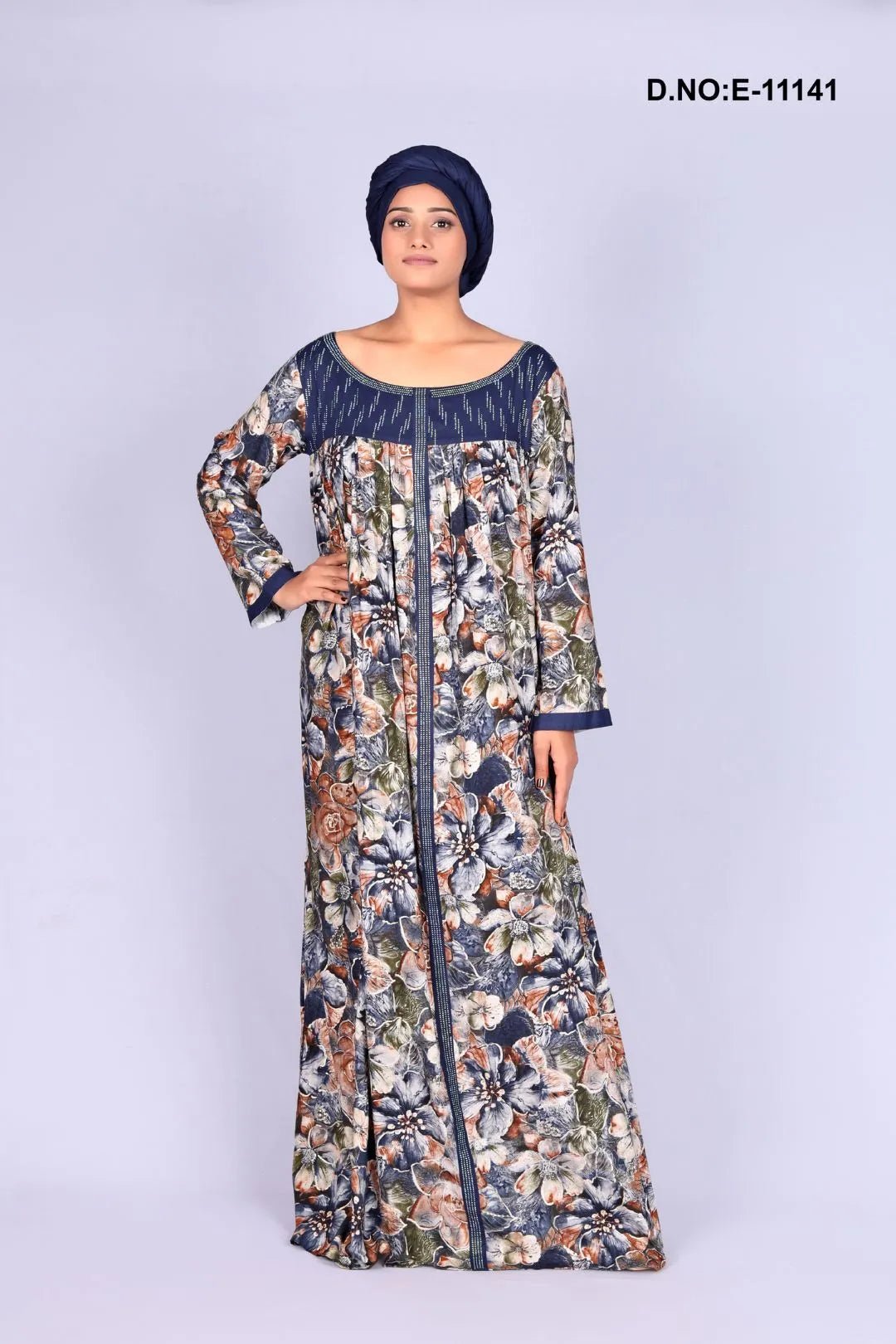 Long Kaftan with Bold Floral Print and Piping - غاجي والا إكسبورت Gajiwala Export