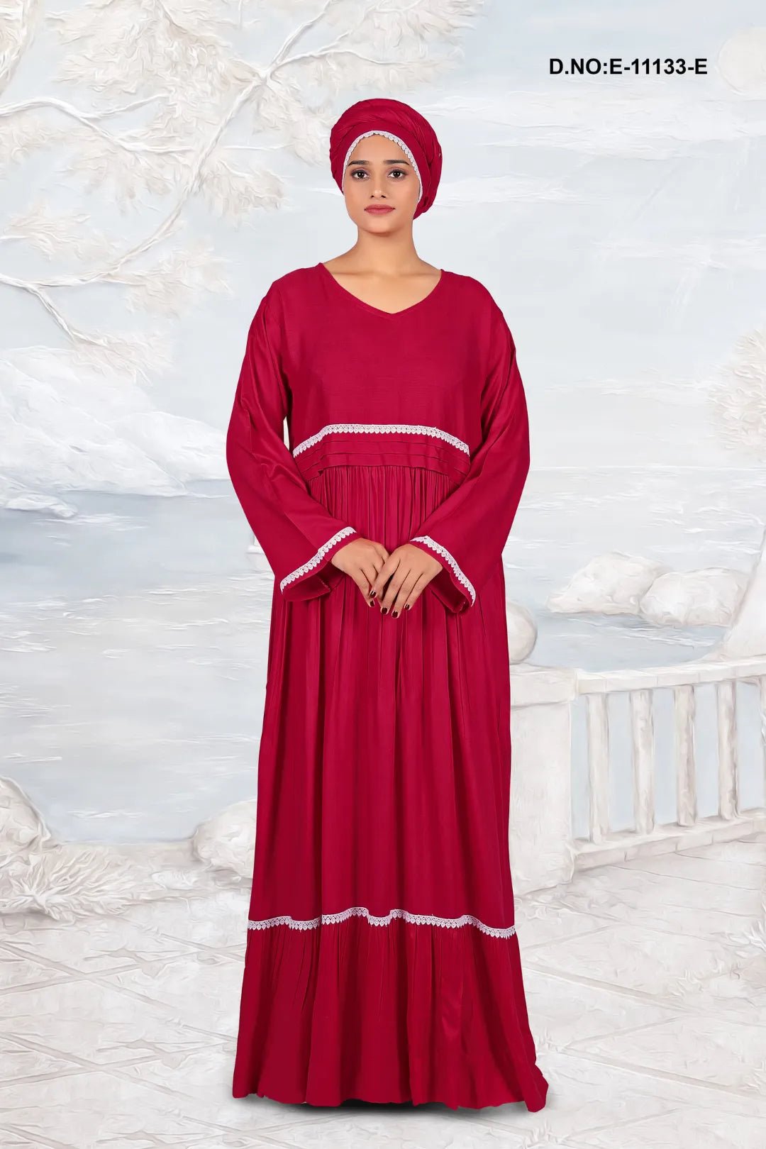 Long Kaftan with Pleated Waist and Lace Trim - غاجي والا إكسبورت Gajiwala Export