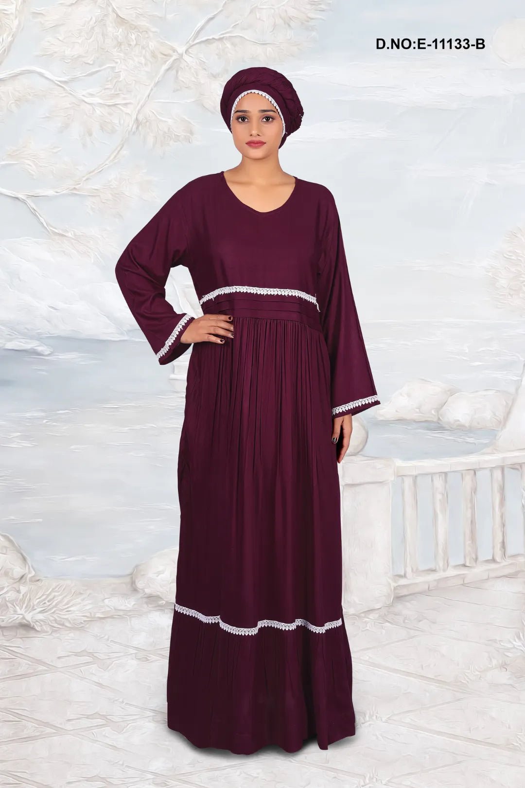 Long Kaftan with Pleated Waist and Lace Trim - غاجي والا إكسبورت Gajiwala Export