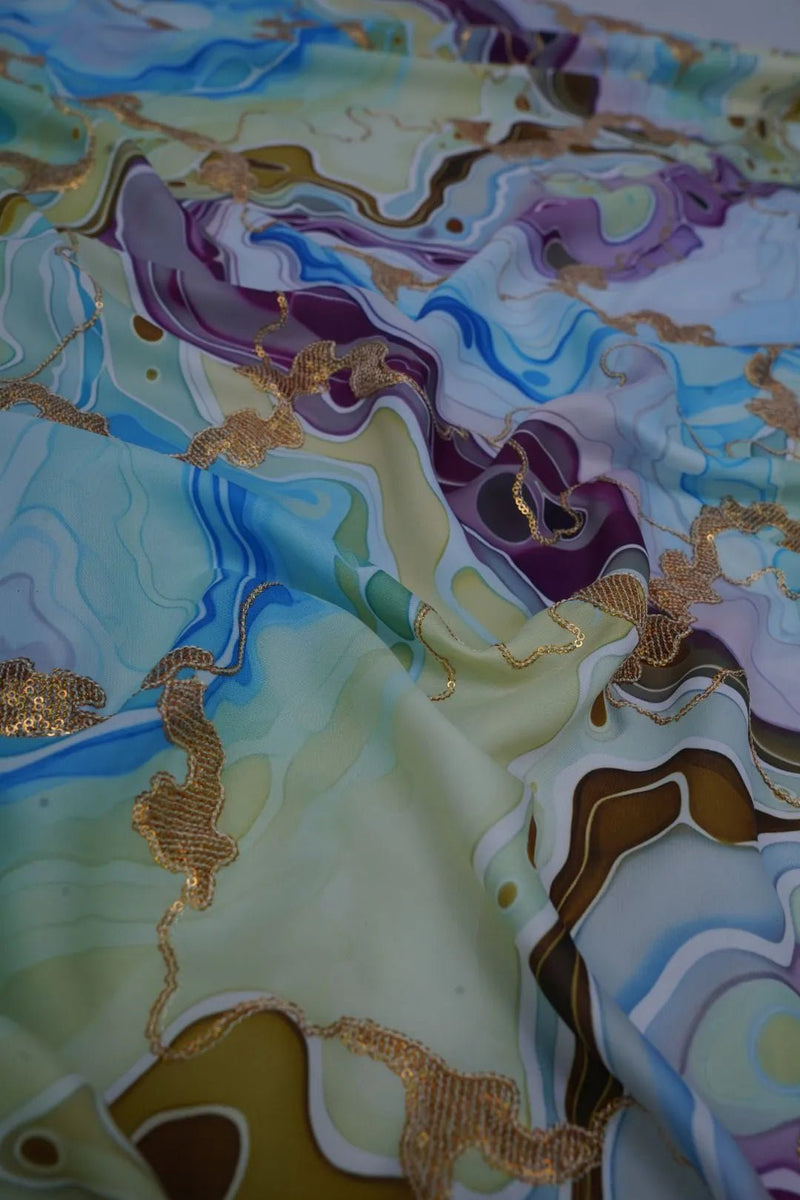 Marbled Viscose Silk Fabric with Gold Thread Outlining - غاجي والا إكسبورت Gajiwala Export