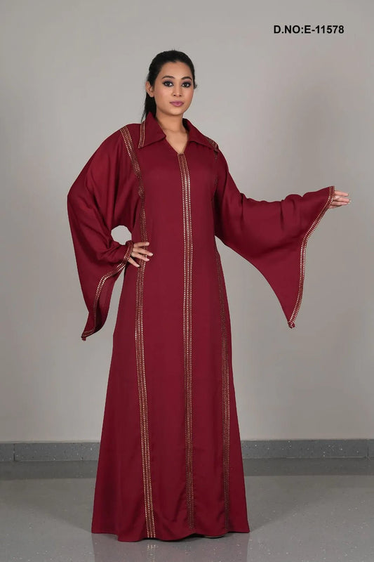 Maroon Embroidered Abaya Maxi Dress V-Neck Elegant Women’s Abaya - غاجي والا إكسبورت Gajiwala Export