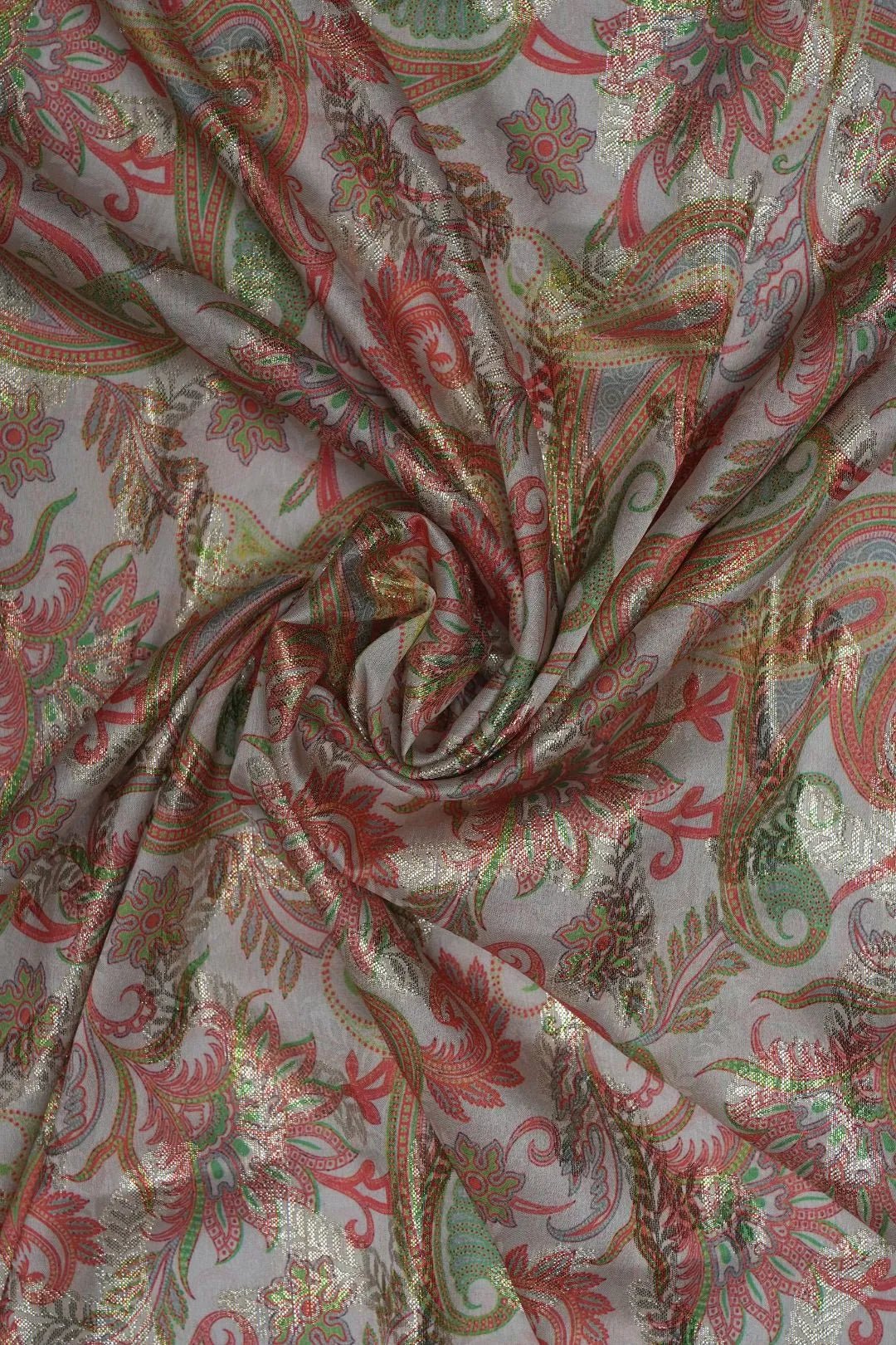 Metallic Foil Paisley Print Fabric on Neutral Base - غاجي والا إكسبورت Gajiwala Export