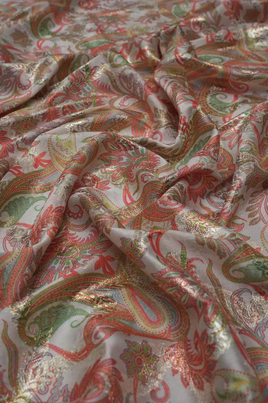 Metallic Foil Paisley Print Fabric on Neutral Base - غاجي والا إكسبورت Gajiwala Export