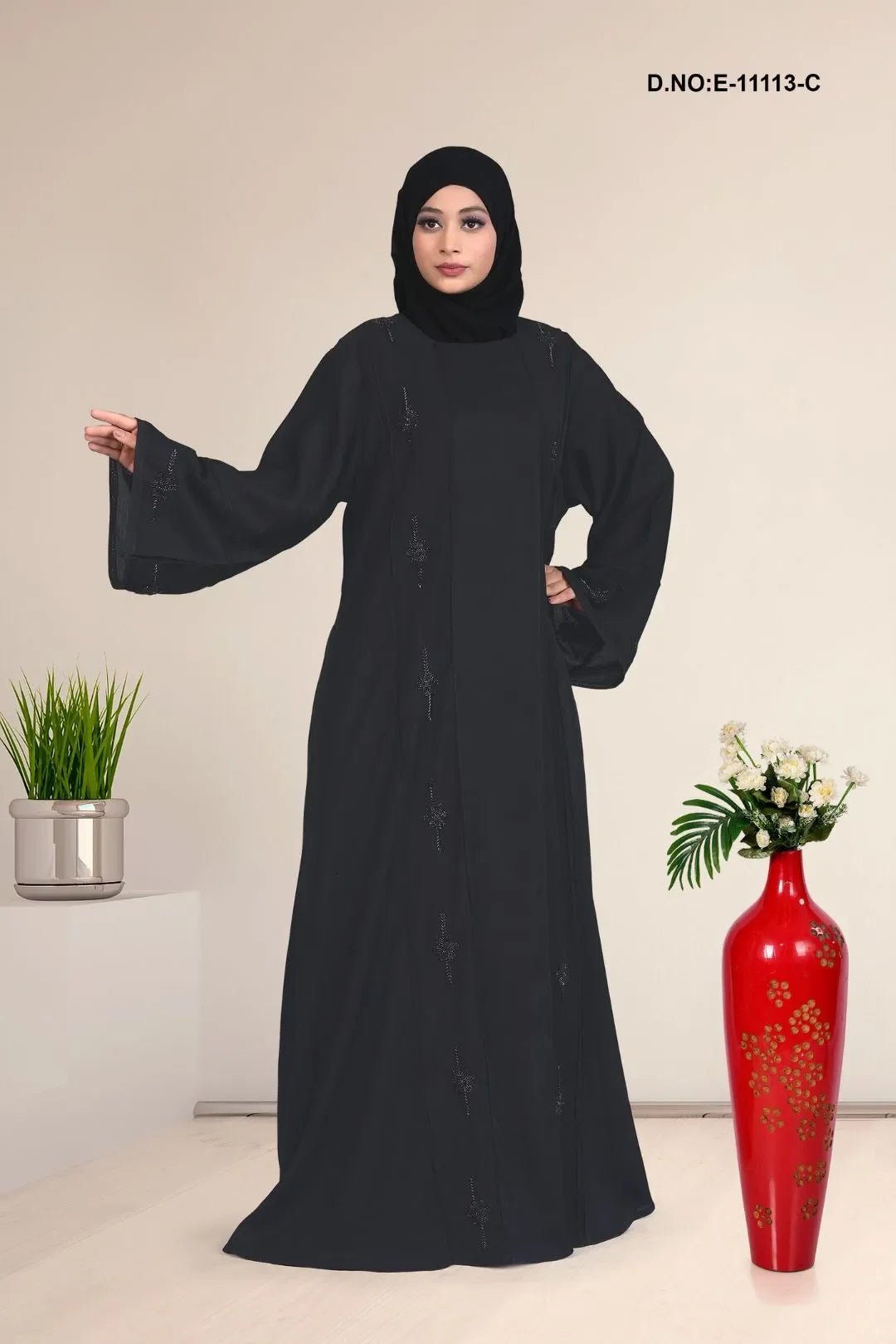 Pleated Abaya with Embellished Panels for Women - غاجي والا إكسبورت Gajiwala Export