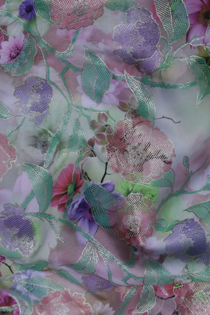 Multi-Colored Floral with Metallic Outline Fabric - غاجي والا إكسبورت Gajiwala Export
