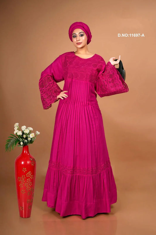 Muslin Kaftan with Schiffli Embroidered Detailing - غاجي والا إكسبورت Gajiwala Export
