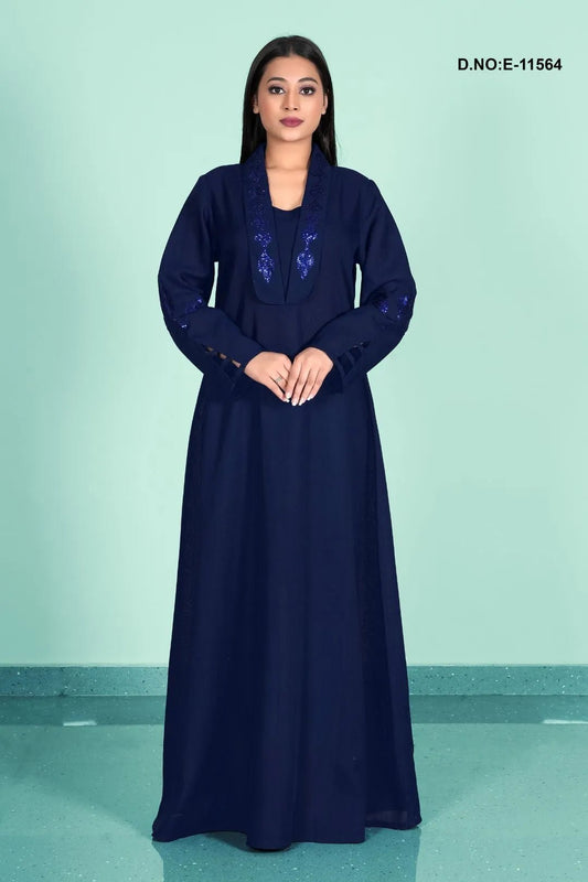 Navy Blue Abaya with Dazzling Sequined Shawl Collar - غاجي والا إكسبورت Gajiwala Export