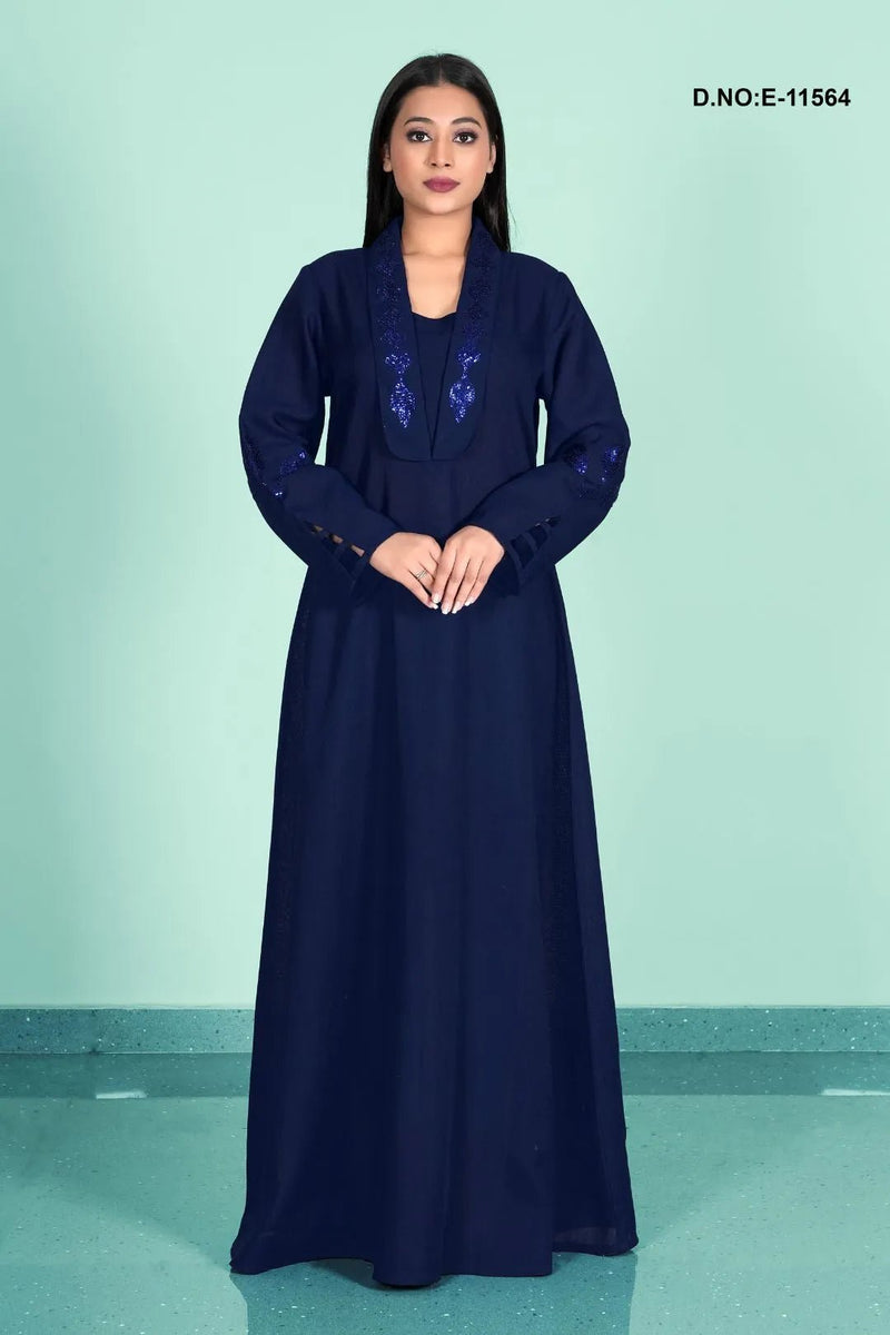 Navy Blue Abaya with Dazzling Sequined Shawl Collar - غاجي والا إكسبورت Gajiwala Export