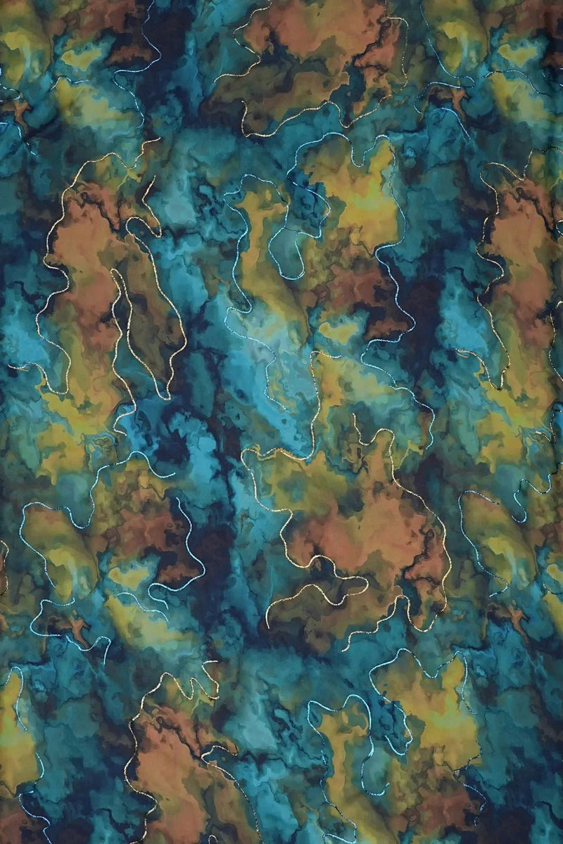 Ocean Swirl Digital Print Fabric with Double Zari Trails - غاجي والا إكسبورت Gajiwala Export