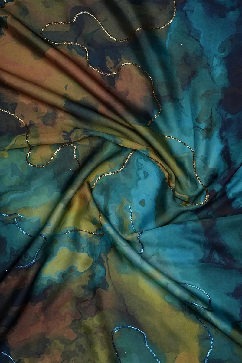 Ocean Swirl Digital Print Fabric with Double Zari Trails - غاجي والا إكسبورت Gajiwala Export