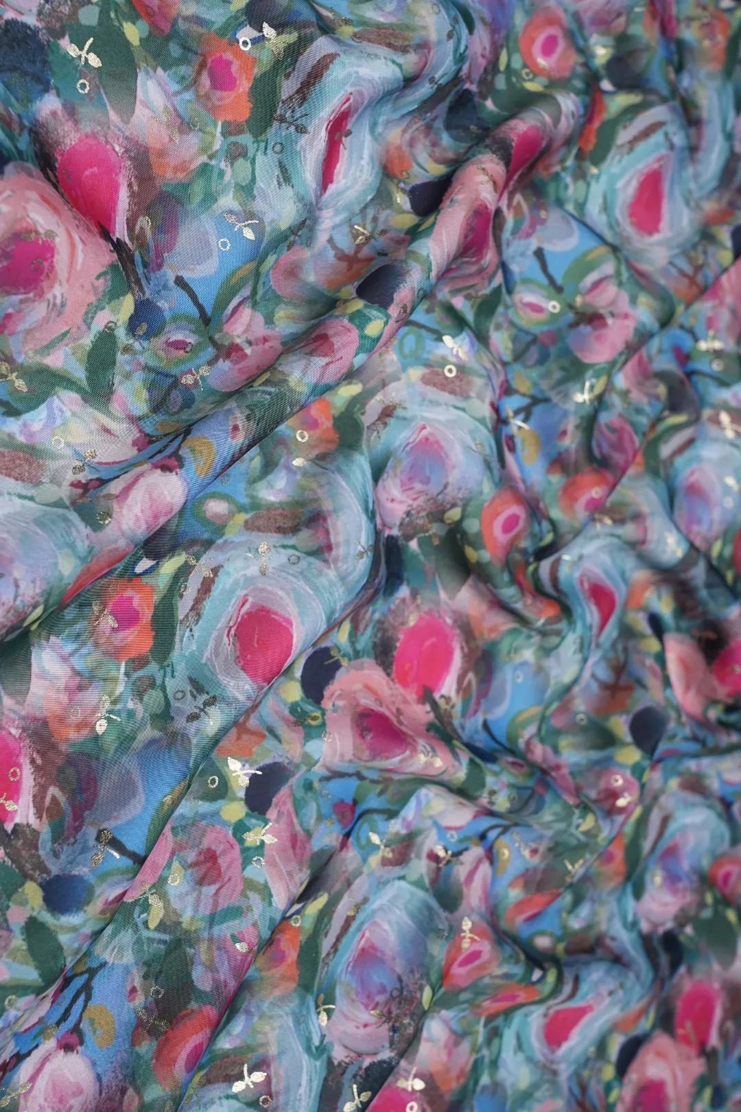Painterly Floral Print with Gold Brasso Fabric - غاجي والا إكسبورت Gajiwala Export