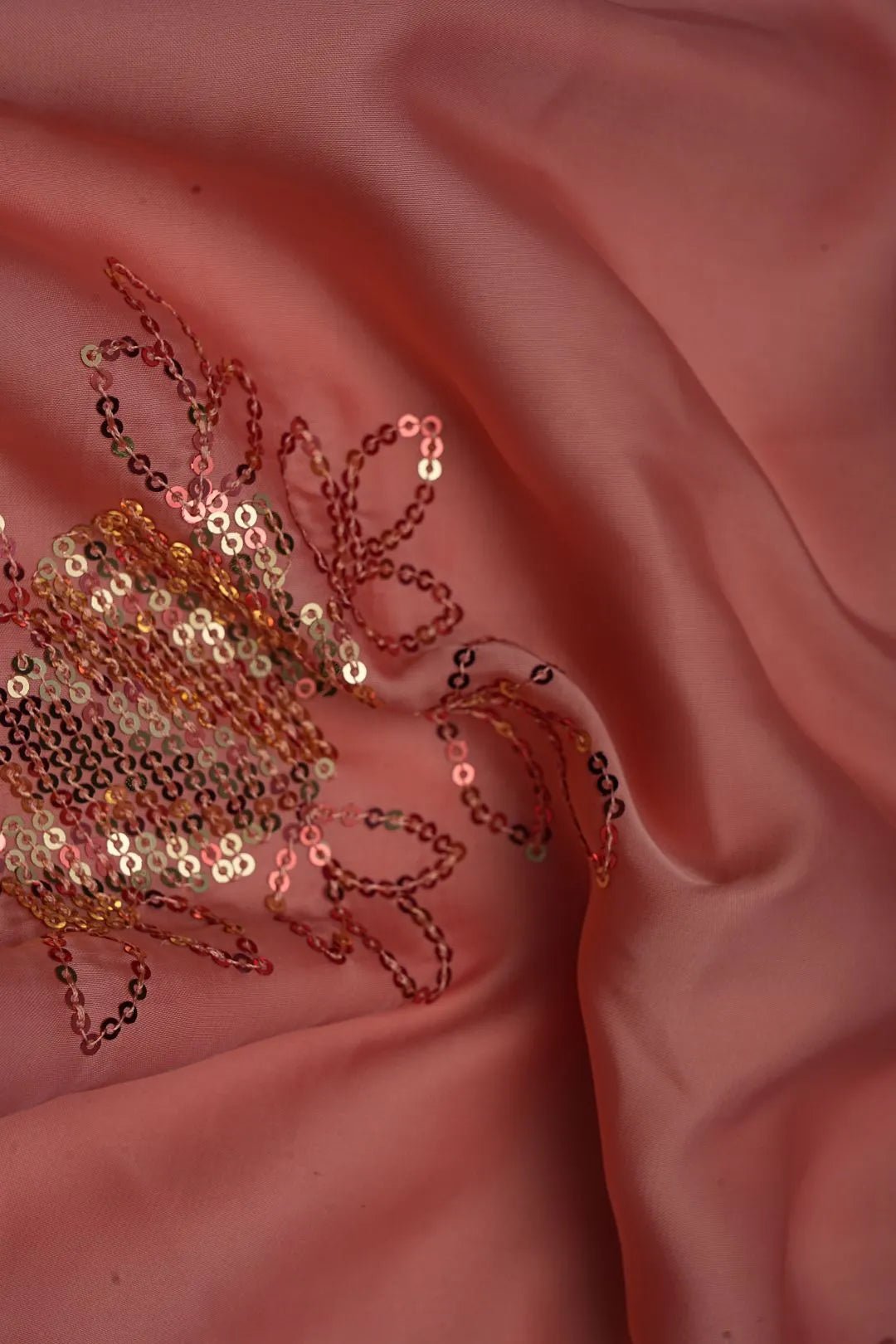 Sequin Floral Coral Fabric Perfect for Sarees, Gowns & Party Wear - غاجي والا إكسبورت Gajiwala Export