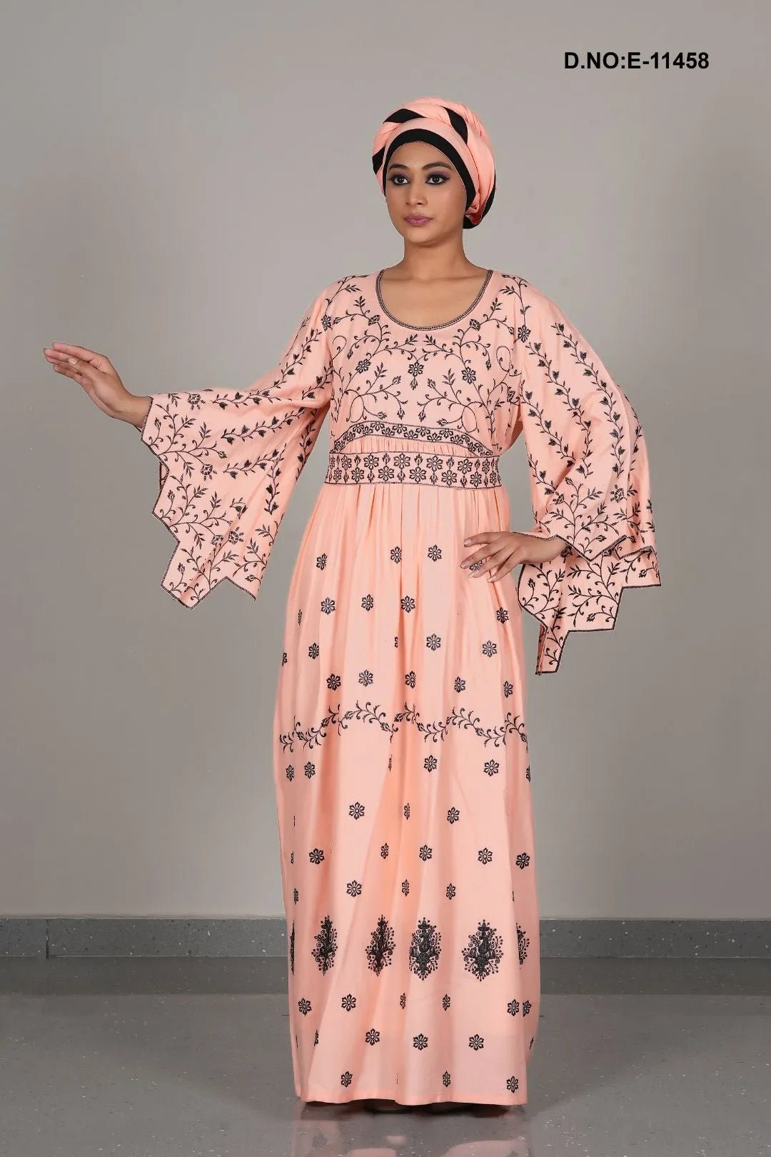 Pink Kaftan with Contrast Black Floral Vine Embroidery - غاجي والا إكسبورت Gajiwala Export