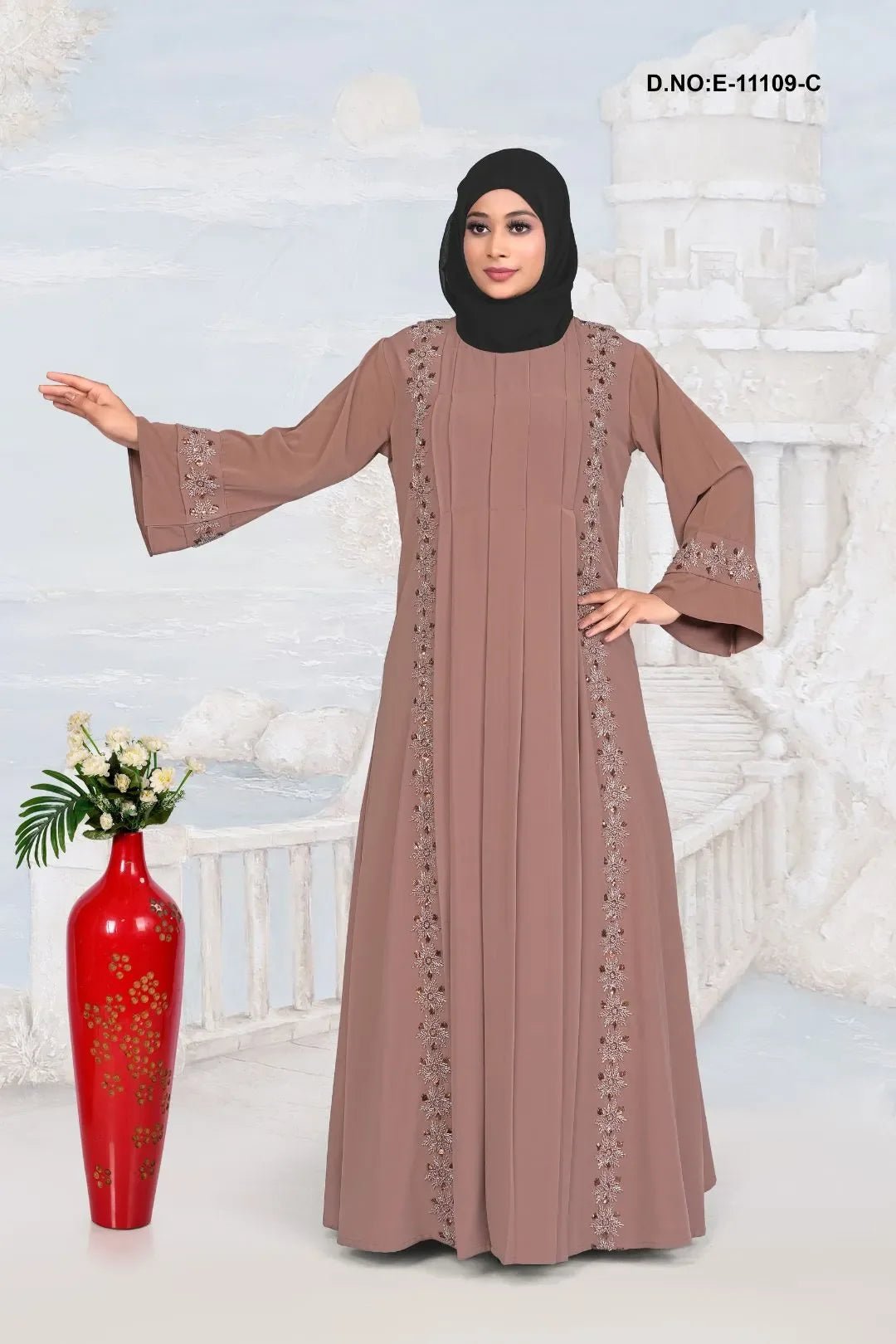 Pleated Abaya with Floral Motifs For Women - غاجي والا إكسبورت Gajiwala Export