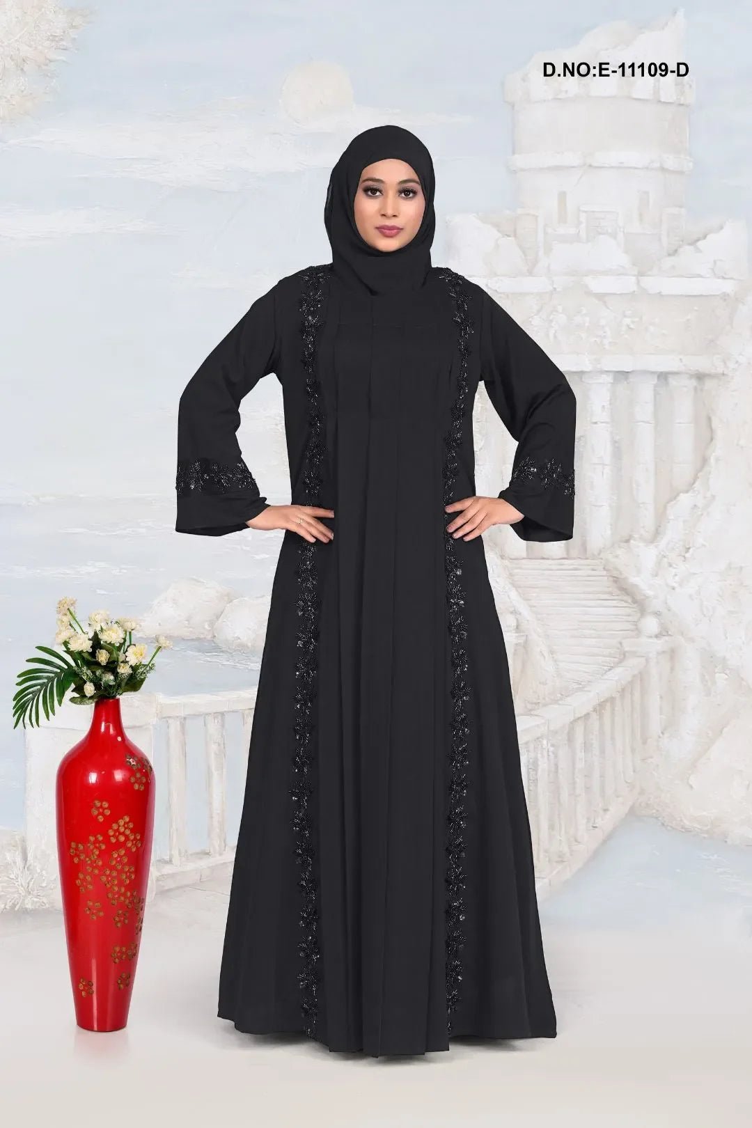 Pleated Abaya with Floral Motifs For Women - غاجي والا إكسبورت Gajiwala Export