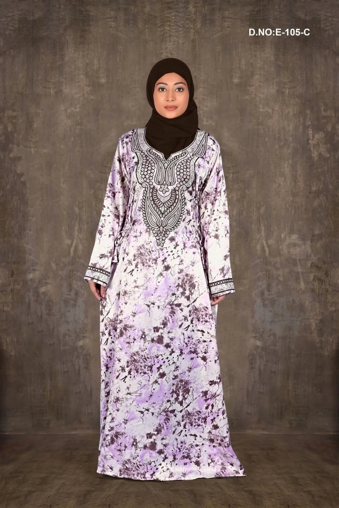 Printed Baby Satin Jalabiya with Embroidered Neckline - غاجي والا إكسبورت Gajiwala Export