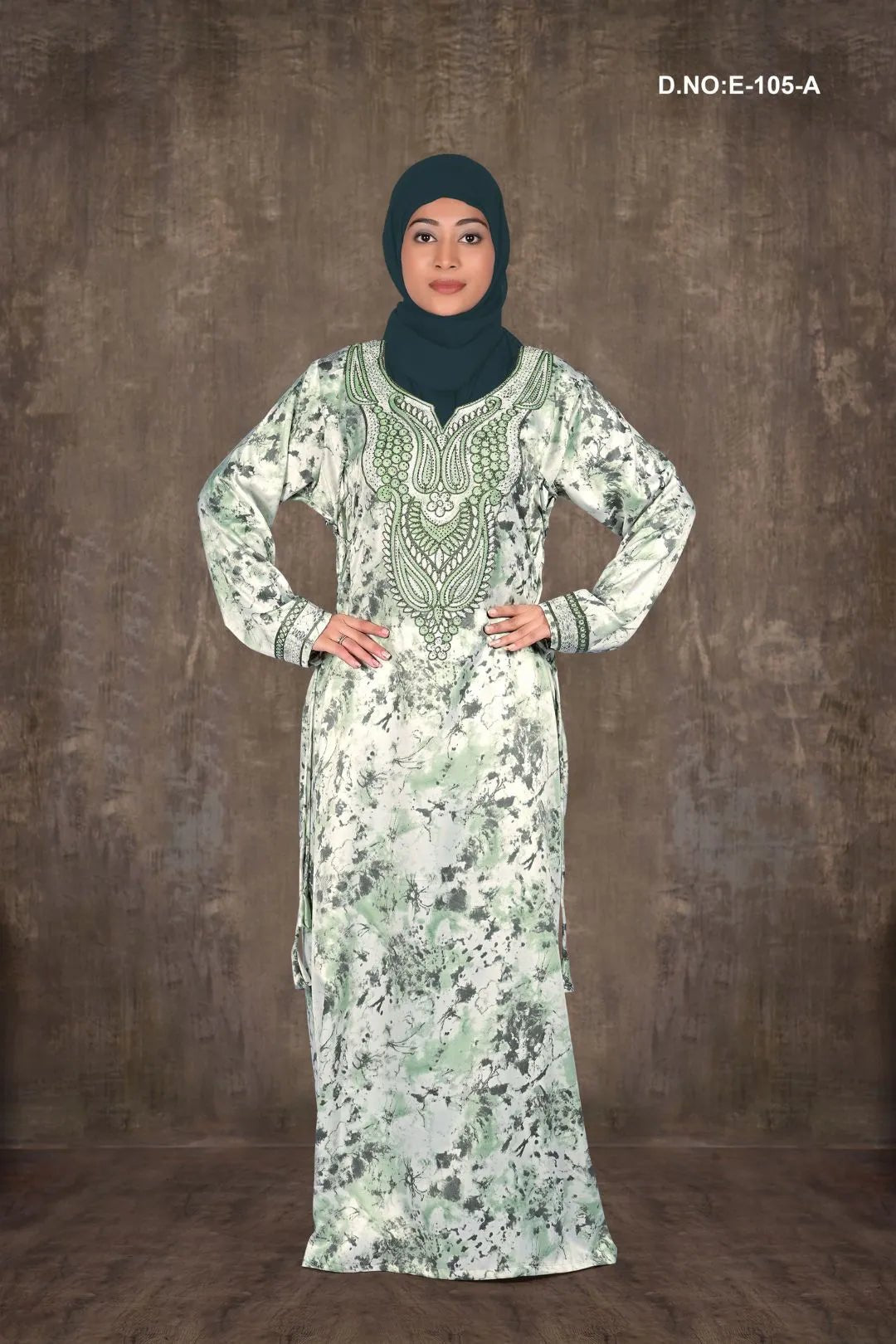 Printed Baby Satin Jalabiya with Embroidered Neckline - غاجي والا إكسبورت Gajiwala Export