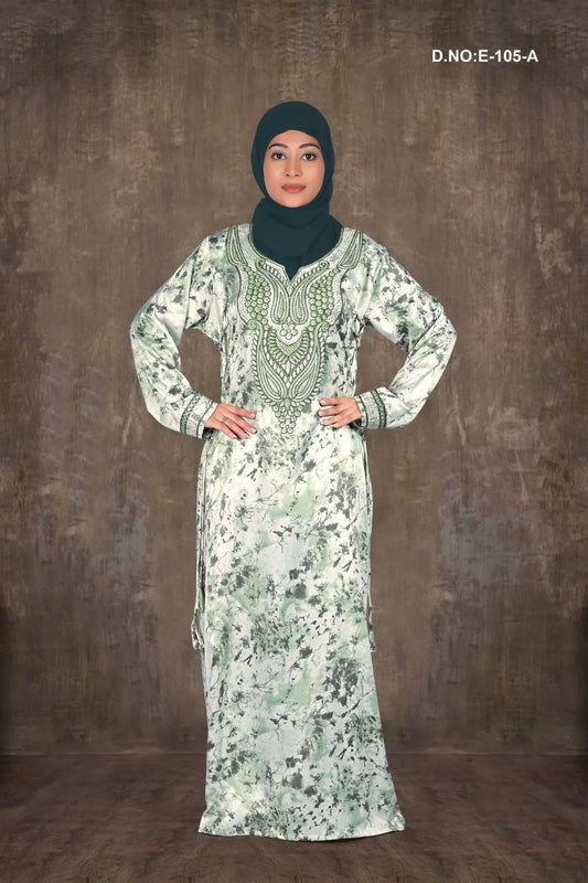 Printed Baby Satin Jalabiya with Embroidered Neckline - غاجي والا إكسبورت Gajiwala Export