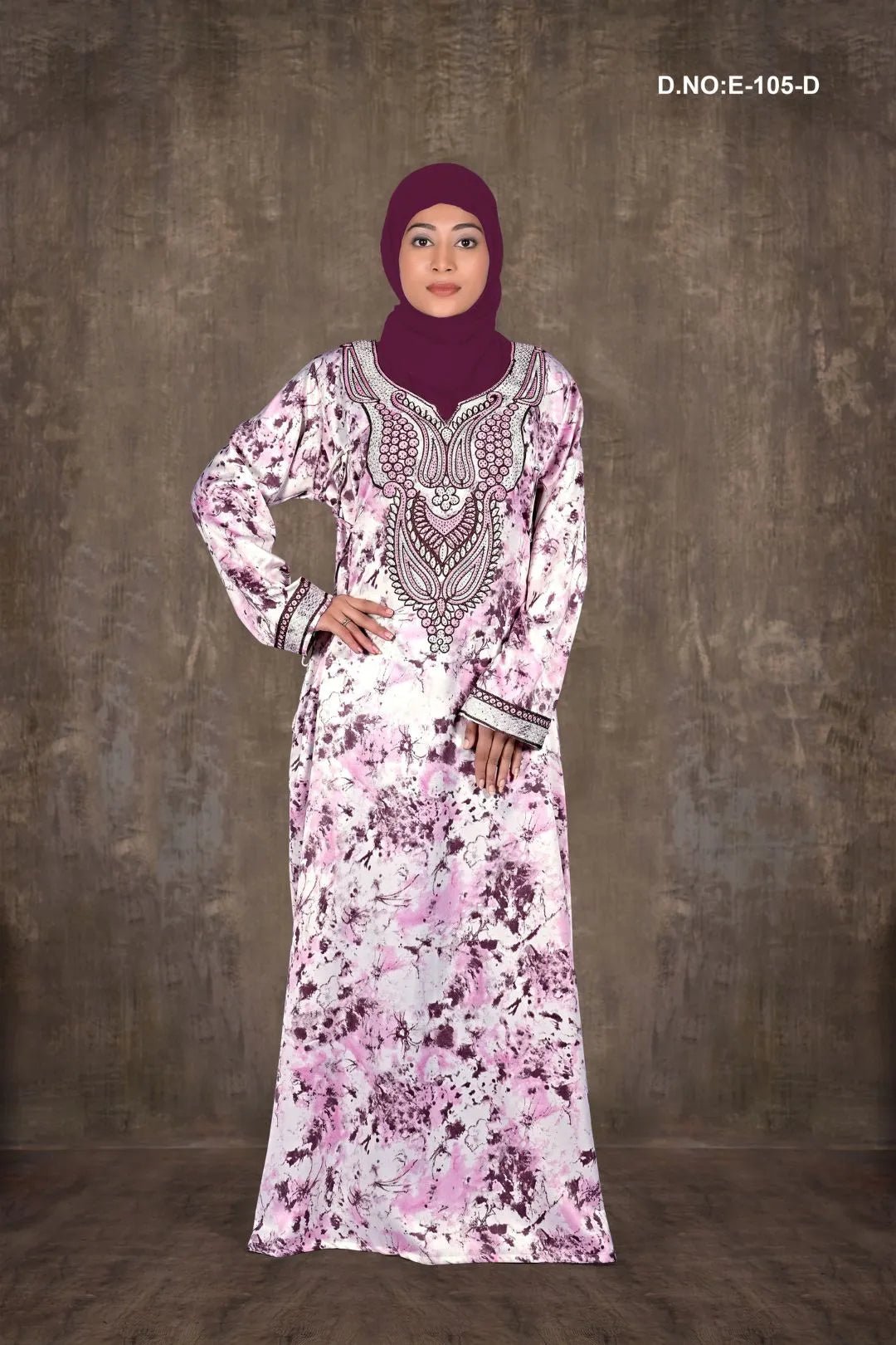 Printed Baby Satin Jalabiya with Embroidered Neckline - غاجي والا إكسبورت Gajiwala Export