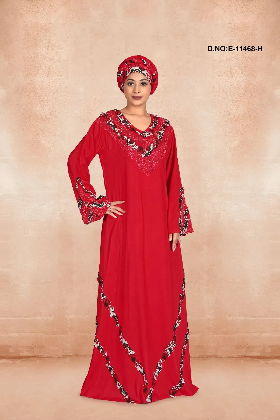 Radiant Kaftan with Jeweled V - Neck and Wave Trim - غاجي والا إكسبورت Gajiwala Export