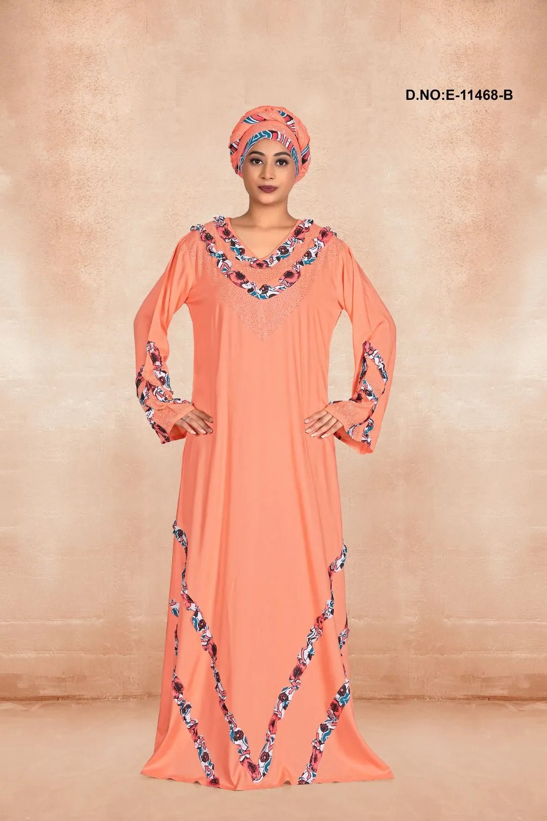 Radiant Kaftan with Jeweled V - Neck and Wave Trim - غاجي والا إكسبورت Gajiwala Export