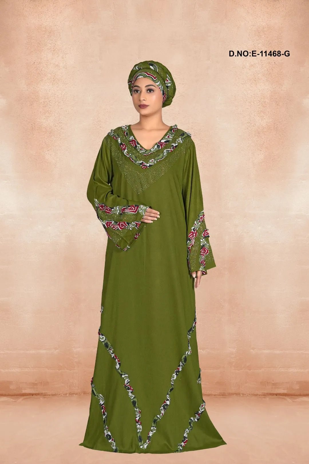 Radiant Kaftan with Jeweled V - Neck and Wave Trim - غاجي والا إكسبورت Gajiwala Export