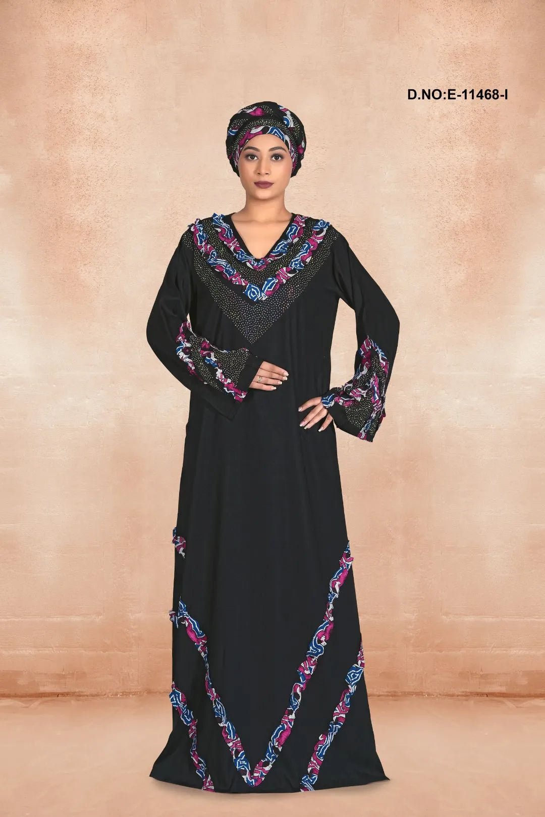 Radiant Kaftan with Jeweled V - Neck and Wave Trim - غاجي والا إكسبورت Gajiwala Export