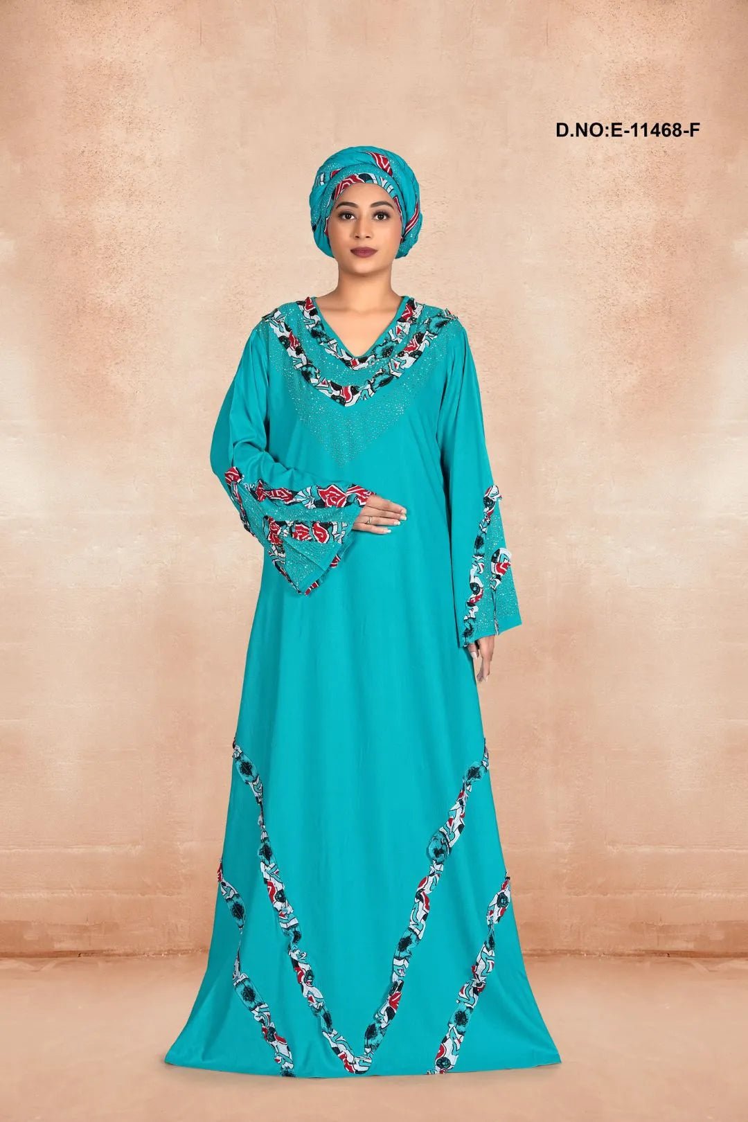Radiant Kaftan with Jeweled V - Neck and Wave Trim - غاجي والا إكسبورت Gajiwala Export