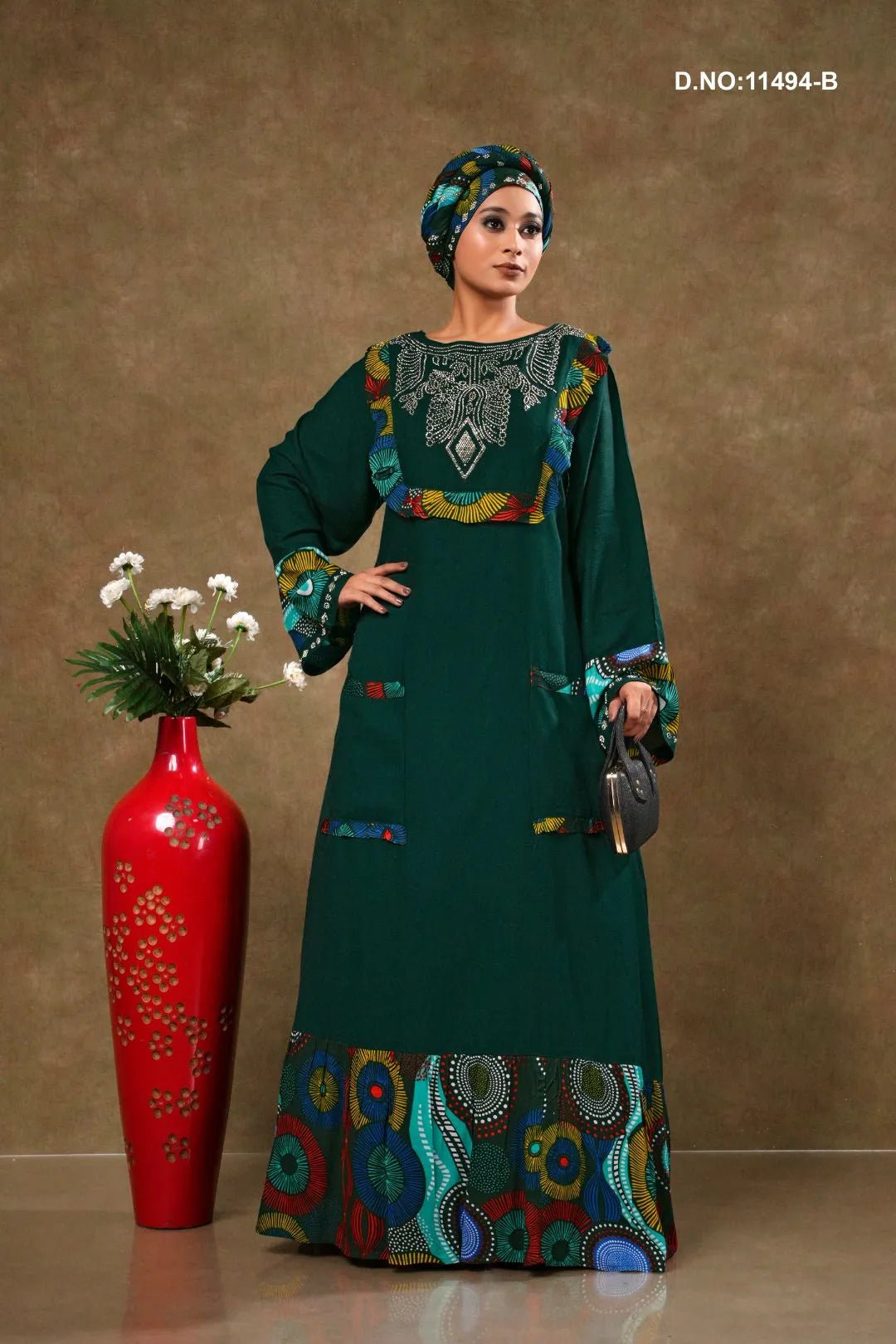 Rayon Kaftan Dress with Artistic Ethnic Print Panels - غاجي والا إكسبورت Gajiwala Export