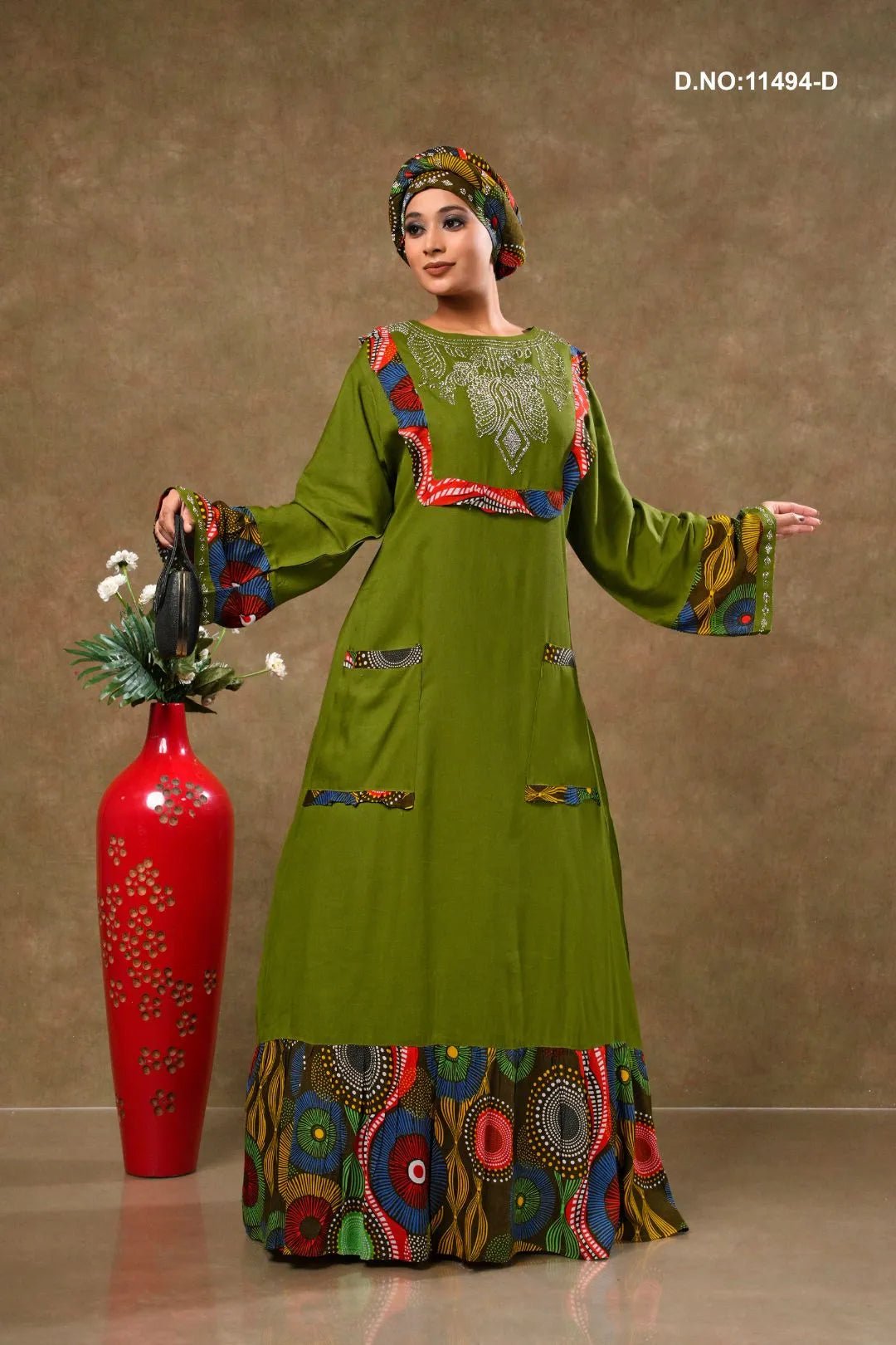 Rayon Kaftan Dress with Artistic Ethnic Print Panels - غاجي والا إكسبورت Gajiwala Export