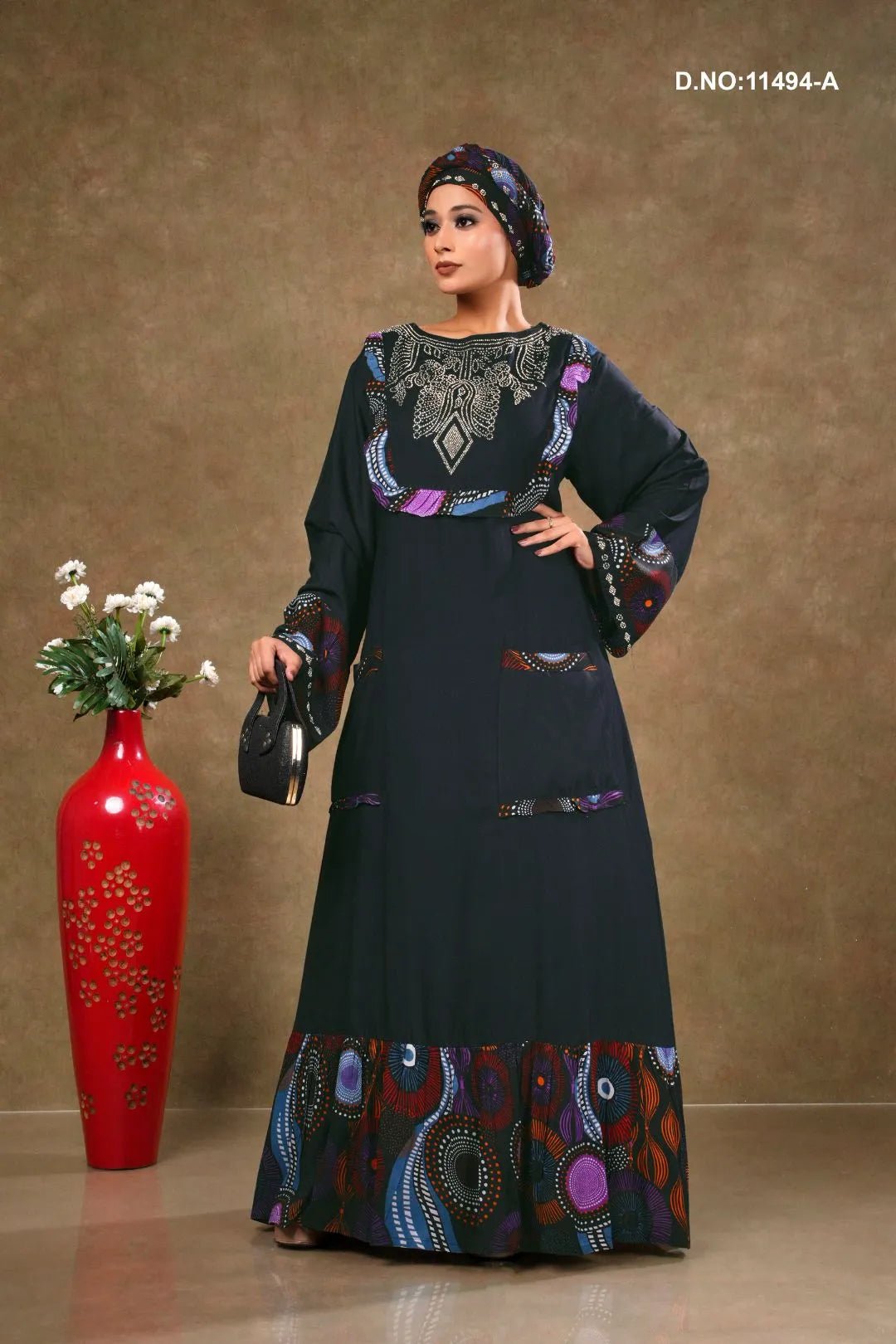 Rayon Kaftan Dress with Artistic Ethnic Print Panels - غاجي والا إكسبورت Gajiwala Export