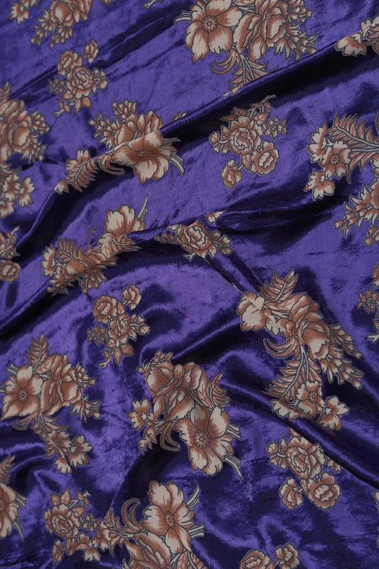 Regal Blue Crushed Velvet with Vintage Floral Print - غاجي والا إكسبورت Gajiwala Export