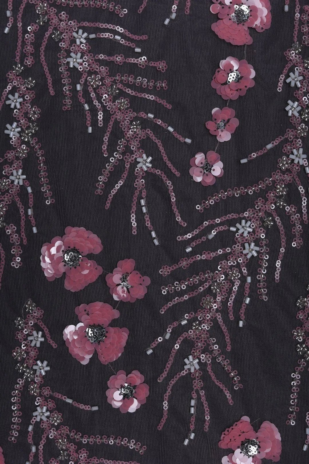 Rose Floral Sequin Embroidery on Black Net Fabric - غاجي والا إكسبورت Gajiwala Export