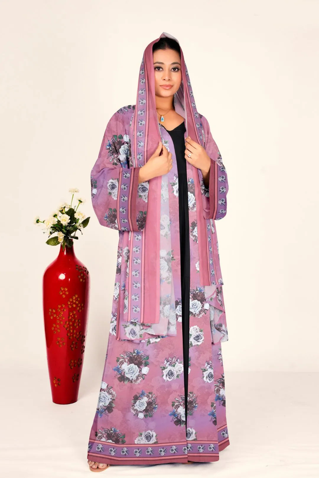 Women Floral Chiffon Shrug Open Front Long Full Length Modest Wear