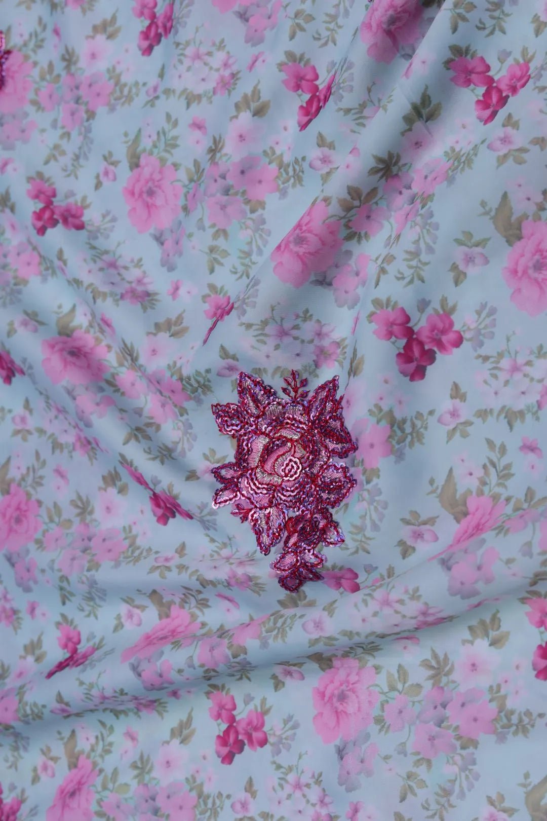 Sea Green Floral Printed Fabric with Raspberry Sequin Embellishment - غاجي والا إكسبورت Gajiwala Export