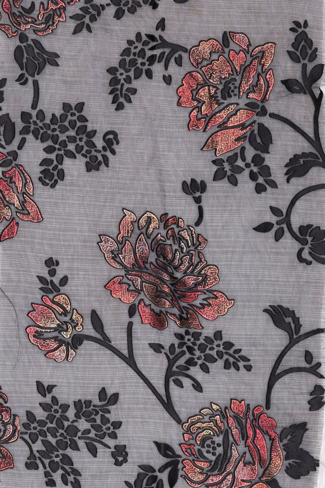 Shadow Bloom Metallic Rose Burnout Gray fabric- غاجي والا إكسبورت Gajiwala Export