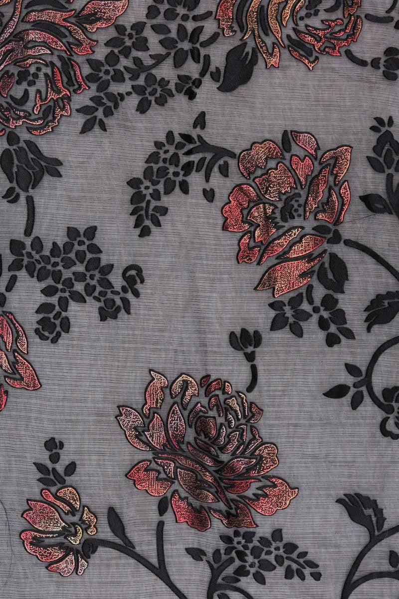 Shadow Bloom Metallic Rose Burnout Gray fabric- غاجي والا إكسبورت Gajiwala Export