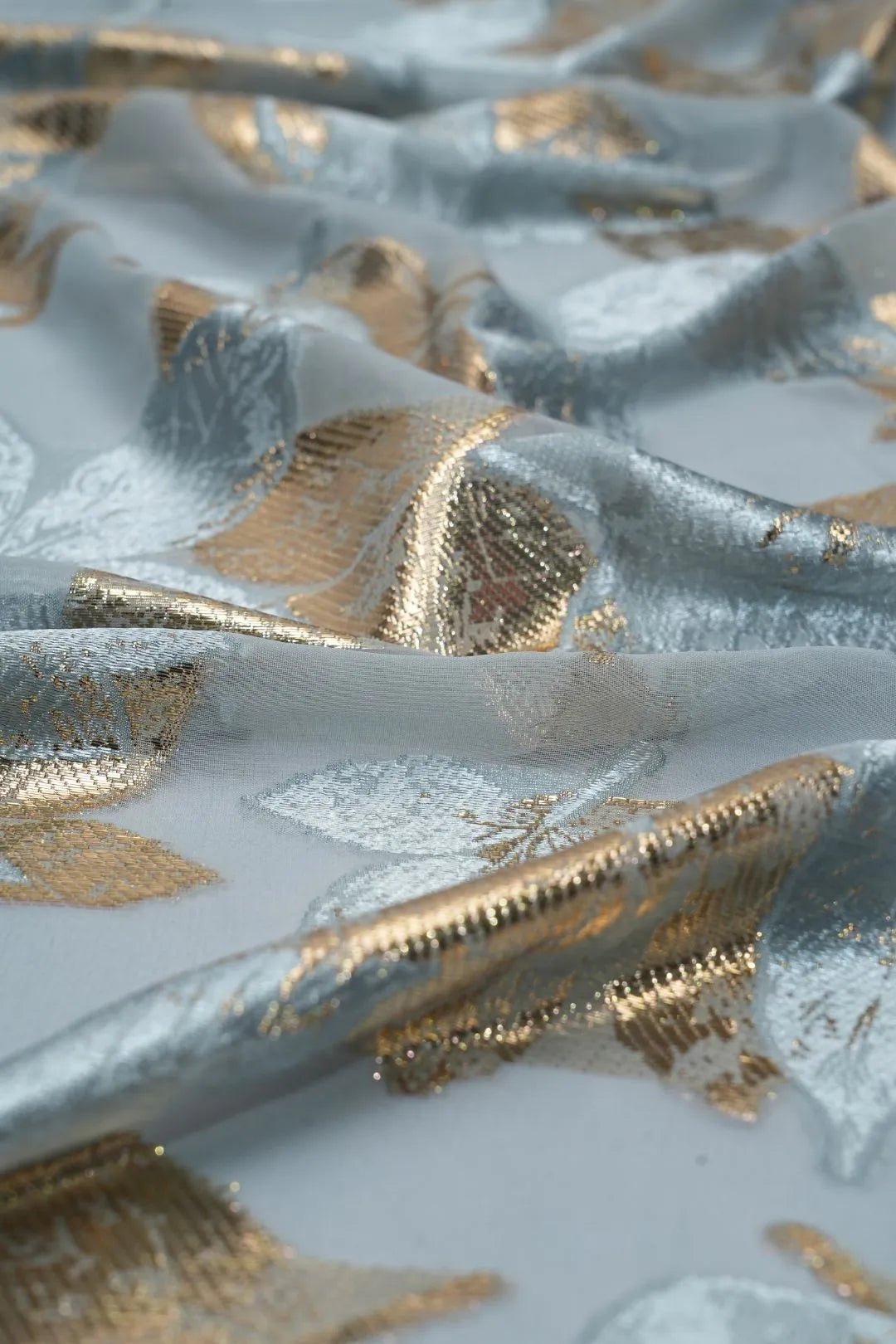Silver and Gold Metallic Leaf Brocade Fabric - غاجي والا إكسبورت Gajiwala Export