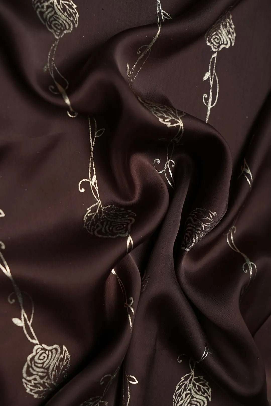Silver Rose Border on Deep Brown Sheer Fabric - غاجي والا إكسبورت Gajiwala Export