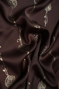 Silver Rose Border on Deep Brown Sheer Fabric - غاجي والا إكسبورت Gajiwala Export