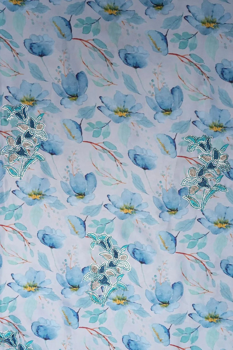 Sky Blue Floral Print with Sequin Bouquet Fabric - غاجي والا إكسبورت Gajiwala Export