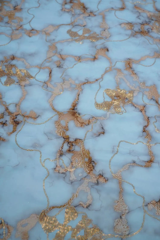 Sky Blue Fabric Marbled Viscose with Gold Thread Accents - غاجي والا إكسبورت Gajiwala Export